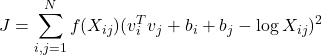 \[J = \sum_{i,j = 1}^{N}f(X_{ij}) (v_i^Tv_j + b_i + b_j - \log X_{ij})^2  \]