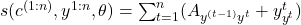 s(c^{(1 : n)}, y^{1:n}, \theta) = \sum_{t = 1}^n(A_{y^{(t-1)}y^t} + y_{y^t}^t)